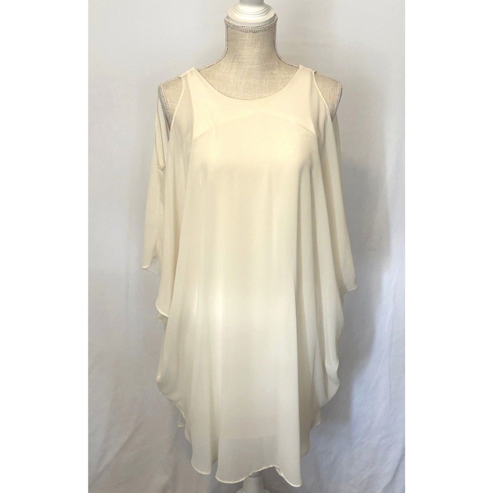 Halston Slowly Cold Shoulder Mini Size 4 Dress Ivory Flowy Overlay Shift Dress - Picture 3 of 12